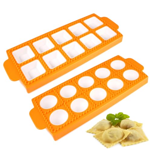 2 Stück Ravioliformen mit 10 Gitter Form für Runde Eckige Ravioli Hochwertigen Ravioli Ausstechformen Knödelform Ravioliformer Set für Die Herstellung von Kuchen Knödel (Yellow)