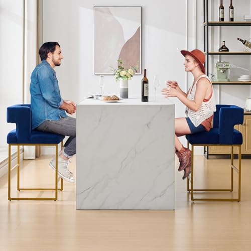 Image of 26 inch H Velvet Bar Stools Set of 6, Counter Height Bar Seats with Square Back, Modern Upholstered Armless Barstools with Metal Gold Legs for Kitchen Island Dining Room Bar, Blue