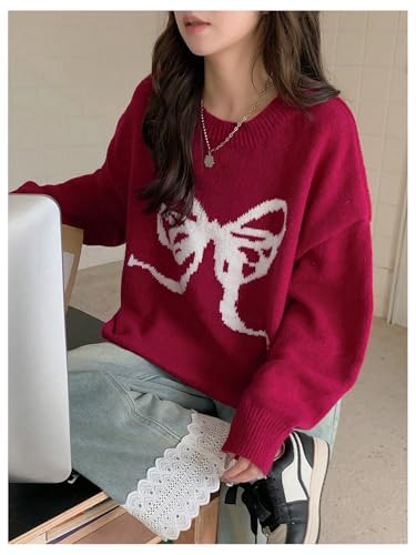 GORGLITTER Women's Bow Cute Sweater Long Sleeve Drop Shoulder Crew Neck Trendy Knit Sweaters with Bows2
