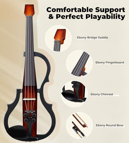 Image of Vangoa Electric Violin 4 /4 Full Size, Solid Wood Ebony Silent Violin with Professional Pickup & 3-Band EQ, Headless Lightweight Design, Beginner to Professional Electric Violin Kit, Brown