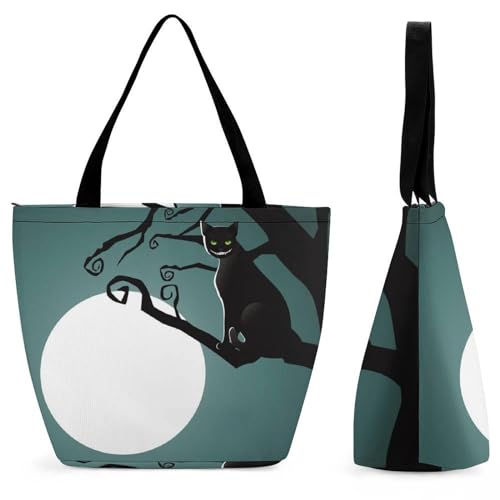 Sac à bandoulière chat noir cabas de shopping et voyage grand format pour femme