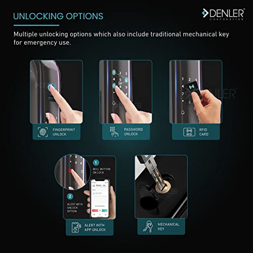 Image of Denler DL01 6-in-1 Smart Door Lock | Inbuilt Wi-Fi | Anroid & iPhone app Support | Fingerprint | RFID Card | PIN | Key | Rechargeable Battery | 3 Years Warranty for 35 to 100mm Doors
