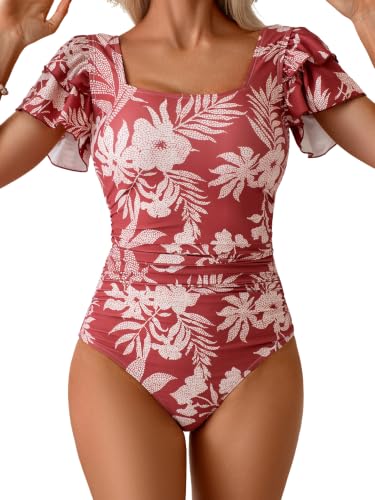 Image of Eomenie Women's Tummy Control One Piece Swimsuit Ruffle Square Neck Bathing Suit Ruched Cutout Back Slimming Swimwear