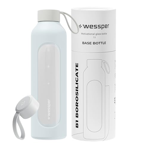 Wessper Botella de Agua Cristal, Botella 1 Litro Motivadora con Escala de Hidratación, Botellas de Vidrio Borosilicato con Funda de Silicona, Material Seguro sin BPA– Claro Azul