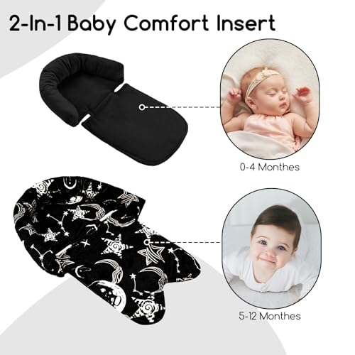 Image of GFU Baby Car Seat Head Support for Newborn, 2 in 1 Infant Car Seat Head Body Support with Strap Pads, Soft Stroller Cushion Pillow Insert for Girls, Fits for Stroller, Swing, Black Star