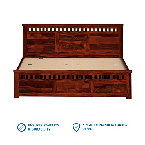 Image of Solid Sheesham Wood Kuber King Size Bed with Box Storage | Palang Cots Wooden Double Beds for Bedroom, Living Room, Hotel and Home (Honey Finish)