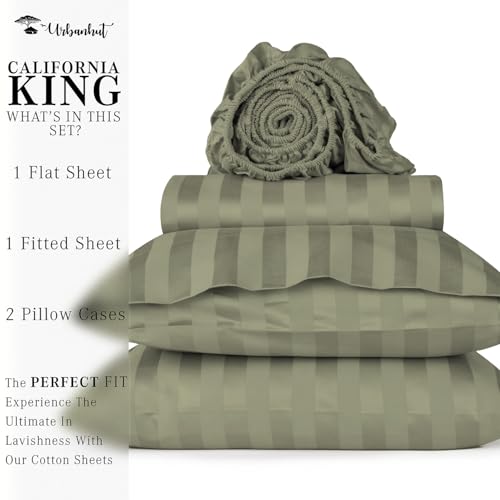 URBANHUT 800 Thread Count Egyptian Cotton Damask Striped King Size Sheets Set (4 Pcs) - Ultra Soft & Smooth, Sateen Weave King Size Sheets, Luxury Hotel Sheets with 16" Deep Pocket - Sage