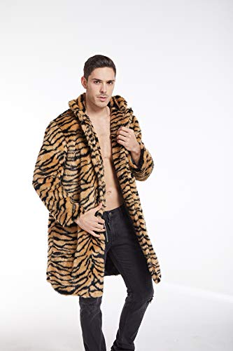 Image of UMREN Mens Warm Leopard Faux Fur Coats Jacket Long Luxury Overwear Parka Cardigans