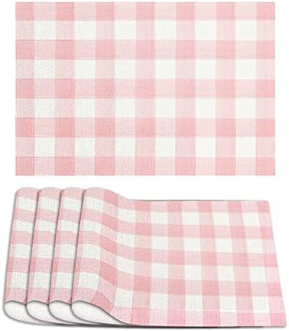 Linen Watercolor Pink White Buffalo Check Plaid Placemats Set of 4 Pink Gingham Table Mats Farmhouse Spring Easter Home Table Decorations-12×18''