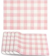 Linen Watercolor Pink White Buffalo Check Plaid Placemats Set of 4 Pink Gingham Table Mats Farmho...