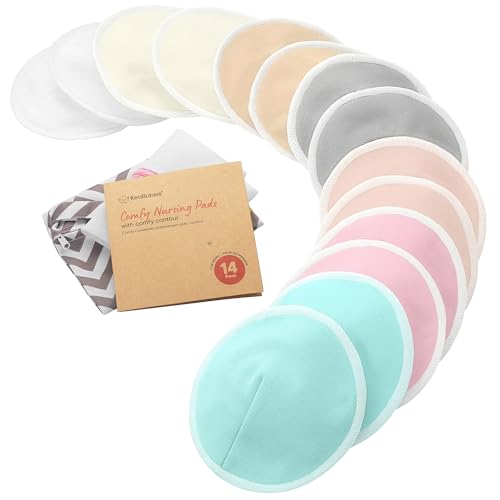 Organic Nursing Pads - 14 Washable Breast Pads for Breastfeeding, Wash Bag, Viscose Derived from Bamboo Reusable Nipple Covers for Breastfeeding Essentials, Soft & Absorbent (Pastel Touch, L 5')
