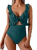 Yutdeng Costume da Bagno Intero Donna Curvy Sexy Ritaglio Push Up Scollo a V Elegante Maniche con Volant Costumi Interi con Laccetti sul Retro Bikini Un Pezzo Controllo Pancia Mare