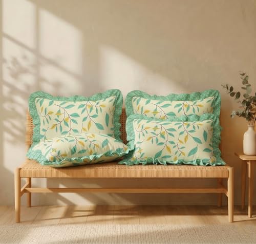 Image of VAS COLLECTIONS Cotton Pillow Covers Set of 4 (18x28 Inch) Rectangular Throw Pillow Cases with Frill Border, Envelope Closure Cushion Covers for Living Room, Bedroom & Diwan (Green Wine)