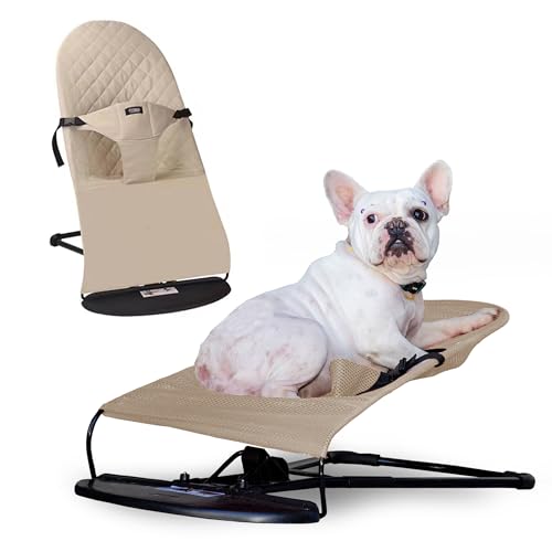 Cat & Dog Rocking Chair - Bouncer Bed for Frenchie French Bulldog Lounge Outdoor Portable Foldable Pet Furniture. Adjustable Height Breathable Mesh Safety Harness for Small Animals & Puppies