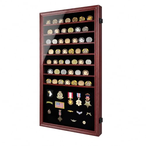 Image of Jinchuan Military Challenge Coin Display Case Lockable Cabinet Shadow Box with Removable 2 Grooves Shelves and Anti-Fade Acrylic Glass for Casino Poker Chips Collectibles, Extra Large - Mahogany