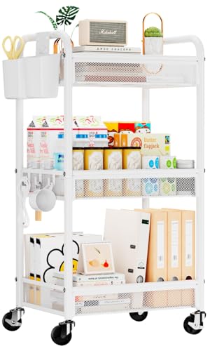 Image of YASONIC 3 Tier Rolling Cart – Metal Utility Storage Carts with Wheels, Craft Carts Organizer with Hanging Cups, Hooks, Mesh Basket for Bedside Kitchen Office Art, White