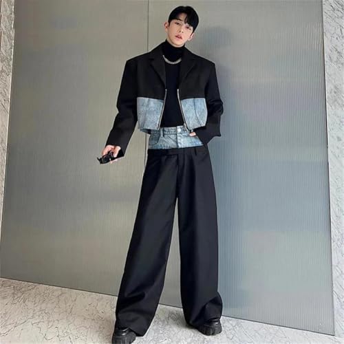 Mens Patchwork Short Cropped Denim Jackets And Wide Leg Pants Set Fashion 2 Pieces Suit2