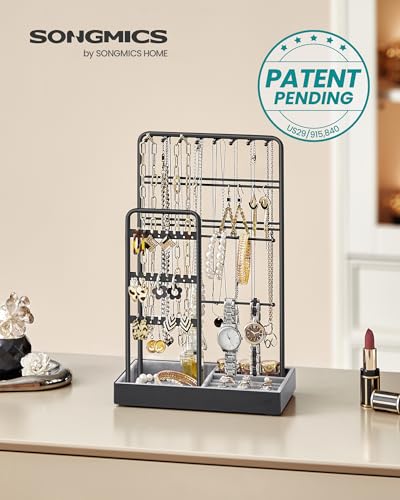 Image of SONGMICS Necklace Holder, Jewelry Stand Holder Organizer, Jewelry Display with Metal Frame, Velvet Tray,Earring Bracelet Holder, for Gift Idea, 4.5 x 7.7 x 12.1 inch, Ink Black UJJS021B01