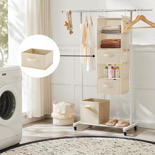 Image of Hanging Shelf Closet Storage Organizer Removable 2 Drawers, Beige | Hanging Storage Organizer Hanging Sweater 2 Sock Underwear Drawers for Closet, Bedroom