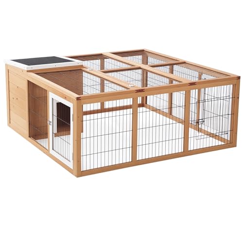 PawHut Rabbit Hutch Bunny Cage with Openable Main House, Indoor Outdoor Waterproof Rabbit House, Guinea Pig Cage for Small Animals with Three Ventilation Doors, Natural