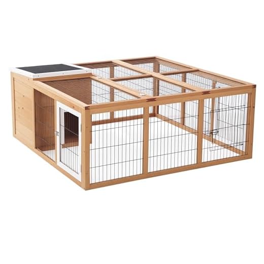 Pawhut Conejera de Exterior Jaula para Conejos Cabayas Animales Pequeños con Caseta Techo Asfáltico Abatible y Múltiples Puertas 123x120x52 cm Madera Natural
