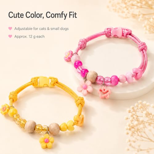 Image of Cat Collar with Bell, Adjustable Soft Fabric Kitten Collar with Quick Release Buckle, Cute Floral Charm Neck Belt for Cats, Comfortable Pet Accessories for Indoor Outdoor Use (Pink and yellow)