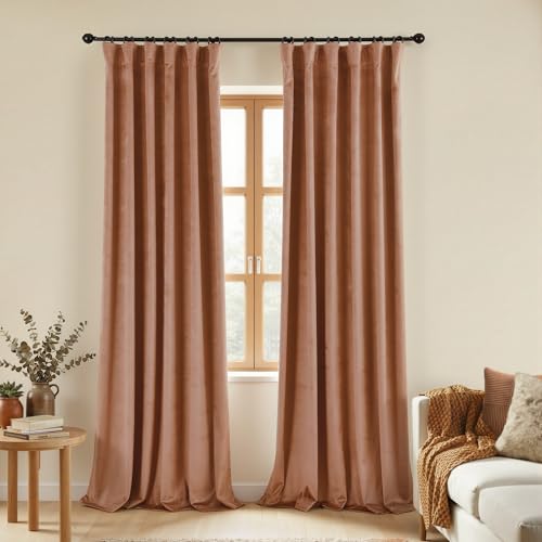 Cinnamon Velvet Thermal Blackout Heat Blocking Curtains Boho Chic Modern Farmhouse Vintage Luxury Pleated Black Out Curtain for Bedroom Living Room 84 Inch Long 2 Panel Set Terracotta Brown