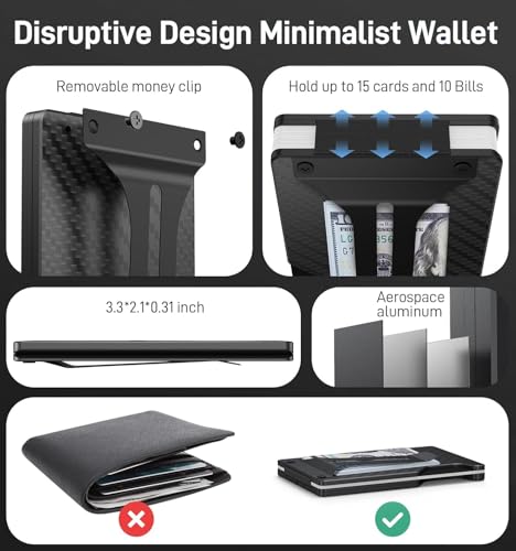 Image of Minimalist Wallet for Men, Slim Metal RFID Blocking Wallet Credit Card Holder Money Clip & Cash Strap, Scratch-Resistant Holds 15 Cards,Ideal Gift for Men | Carbon Fiber