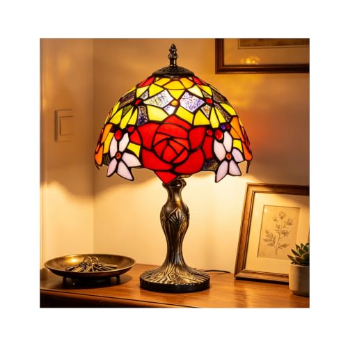 Image of Stained Glass Table Lamp,Stained Glass Crystal Bead Style Table Light,Handmade Desk Bedside Night Light,Antique Art Craft Gifts Lover Living Room Bedroom Bookcase (Peony)