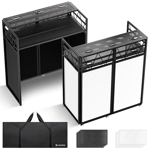 CAHAYA Stand DJ Booth Portable – Table DJ à Double Plateau Réglable en Hauteur pour Ordinateur Portable, Façade DJ avec Toiles Noires et Blanches, Sac de Transport,...