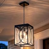 WINSHEN 4-Light Black Large Outdoor Pendant Light Fixture, Height Adjustable Exterior Hanging Porch Lighting, Ceiling Mount Lamp with Hammered Glass Panel, E26 Bulb Base(Bulb Included)