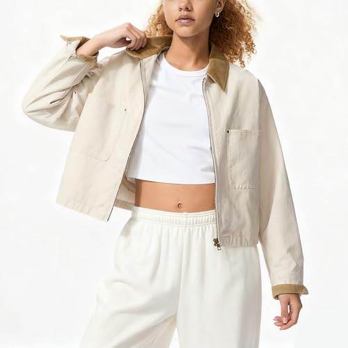 Womens Cropped Bomber Jacket Corduroy Collar Barn Coat Lightweight Utility Zip Up Cotton Canvas Workwear3