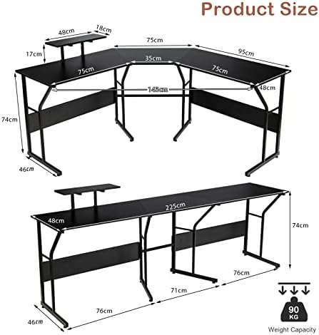 CASART L-Shaped Computer Desk, 2-Person Double Study Writing Desk with Raised Monitor Shelf & Adjustable Foot Pads, Home Office Computer Workstation Working Table (Black)