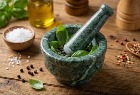 Image of Premium White Marble Mortar and Pestle Set (Okhli /Masher) | Solid Stone Grinding Bowl for Spices, Herbs, Garlic, and Masala | Natural, Heavy, Non-Porous Kitchen Tool (Green, 3 Inch)