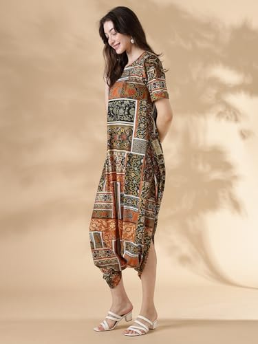 Image of HELLCAT Womens Floral Printed Olive Shoulder Straps Dress | Western A-Line V Neck Midi Dress for Womens