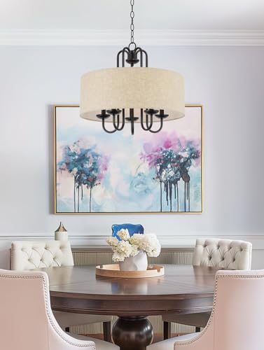 Image of Kira Home Gwenyth 20 inch Modern Farmhouse 5-Light Drum Chandelier with Oatmeal Linen Shade, Rustic Arched Metal Hanging Fixture, Oil Rubbed Bronze Finish
