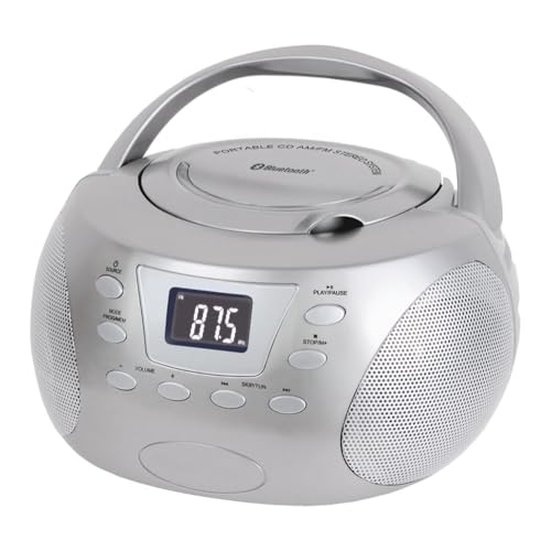 HANNLOMAX HX-332CD Portable CD Boombox, PLL FM Radio, Bluetooth, LCD Display, Aux-in, AC/DC Dual Power Source (Silver)