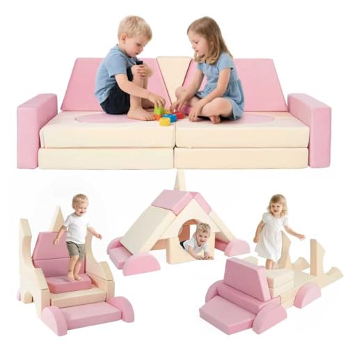 VERASCOT Modular Kids Play Couch Kids Couch for Toddlers Child Sectional Sofa DIY Creativing Versatile Kid Sofa for Boys and Girls Convertible Foam Floor Cushion for Playroom Bedroom (Pink and White)