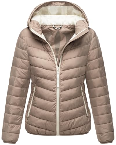 MARIKOO Damen leichte Übergangsjacke Kurze Steppjacke mit innen eingenähter Tragetasche zum einfachen Verstauen und praktischem Umhängen der Jacke Pack Mich EIN Taupe Grey Gr. 3XL