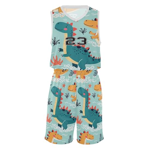 FLildon Cute Tropical Dinosaurs Boys Basketball Jersey Set Tank Top Shorts Tracksuit Sport Training Suit for Kids, L