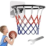 KDAMGOQE Basketball Rim Replacement, 14 Inch Basketball Rim with All Weather Net, Foldable Basketball Hoop Replacement Rim, Basketball Hoop with Sticker for Wall Door Mounted,Basketball Rim