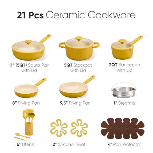 Image of CAROTE 21pcs Cookware Set Nonstick Pots and Pans Set, Ceramic Cookware Set Induction Cookware, Non toxic Healthy Non Stick Kitchen Cooking Set, PFAS PTFE Free