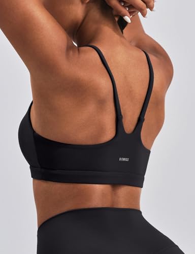 K-Swiss Sports Bras for Women - Light Impact Unadjustable Scoop Neck Thin Strappy Wireless Padded Yoga Workout Gym Tops, Black M