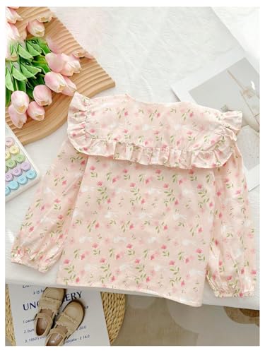 Image of BEAUDRM Girl's Long Sleeve Top Round Neck Ruffle Blouse Floral Print Button Down Shirt Top Pink 3Y