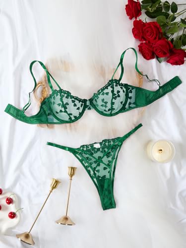 Image of Lilosy Sexy Underwire Cute Push Up Strappy Embroidered Mesh Sheer Lingerie Set See Through Panty Bra