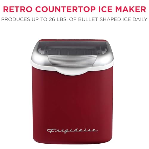 Image of FRIGIDAIRE Retro Compact Ice Maker Machine, Bullet Ice, 26 lb per Day (MerlotRed)