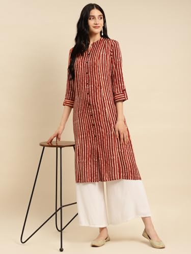 Image of rangita Women's Rayon Relaxed Fit Straight Calf Length Striped Front Slit Kurti | Kurta