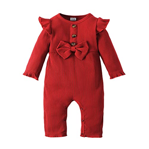 Image of Hearyoo Newborn Baby Girl Clothes Ruffle Sleeve Romper Solid Ribbed Bodysuit Jumpsuit Cute Infant Outfits for Girls