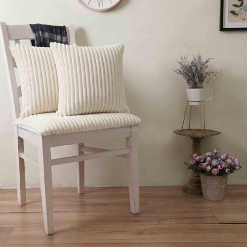 Image of Yellow Weaves Pencil-Stripe Fur Cushion Covers | Soft Polyester | Decorative Sofa & Throw Pillow Covers | 16x16 Inches, Pack of 2 (Ivory)
