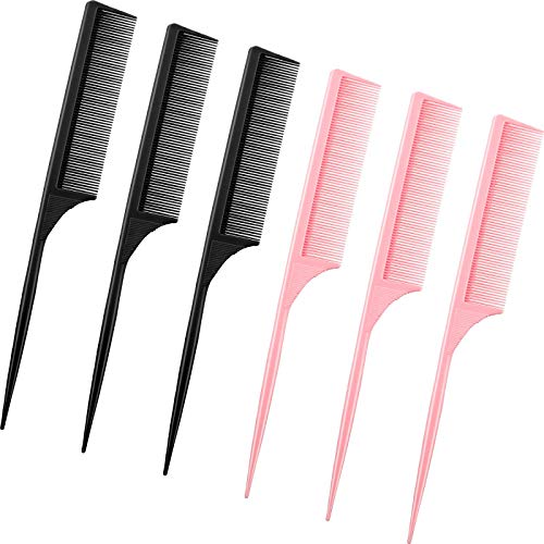 6 Pieces Rat Tail Comb Styling Comb Fiber Anti Static Heat Resistant Tail Comb Carbon Pintail Comb for Back Combing, Root Teasing, Adding Volume, Evening Styling, Black and Pink